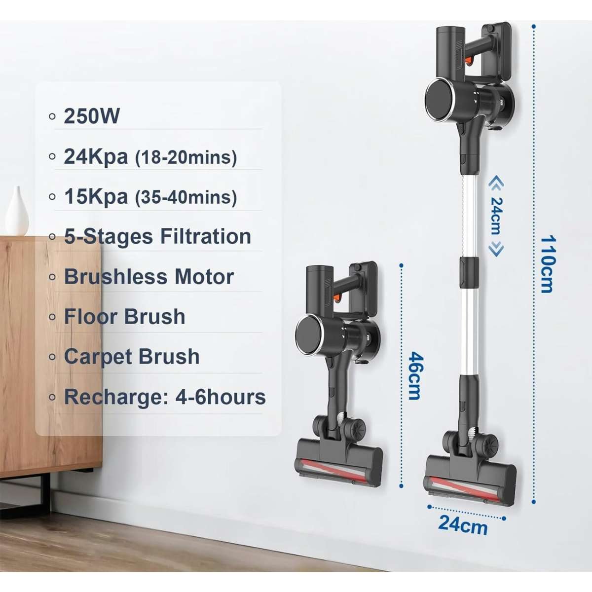 ADVWIN Cordless Vacuum Cleaner 24Kpa Brushless Motor Stick Vacuums