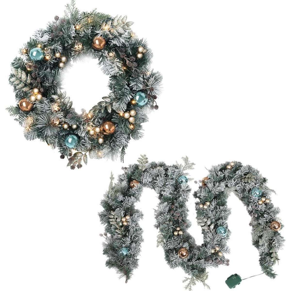 Jingle Jollys Christmas Garland with Wreath Set Snow Frosted Xmas Tree ...