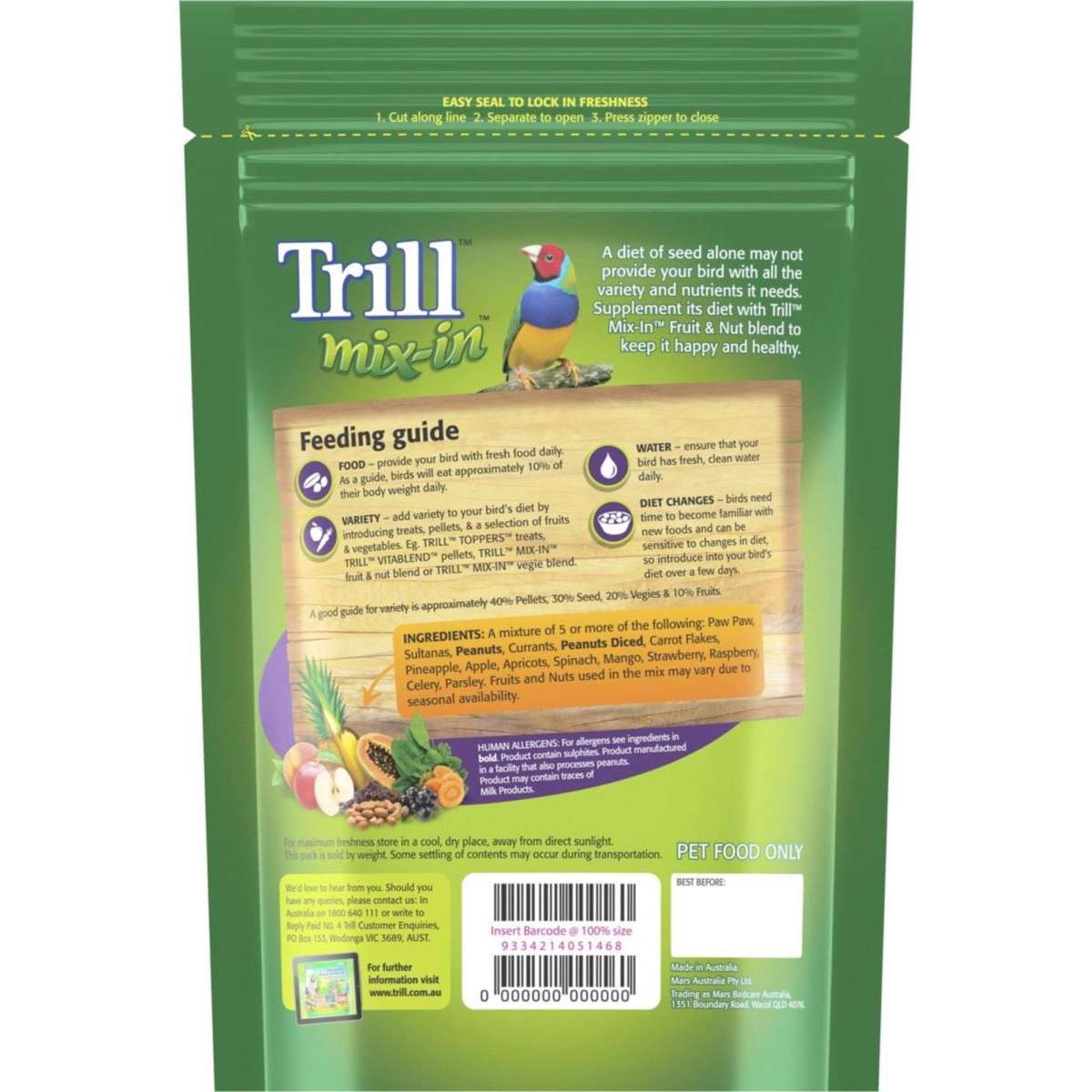 Trill Fruit & Nut MixIn Bird Food 475g Woolworths