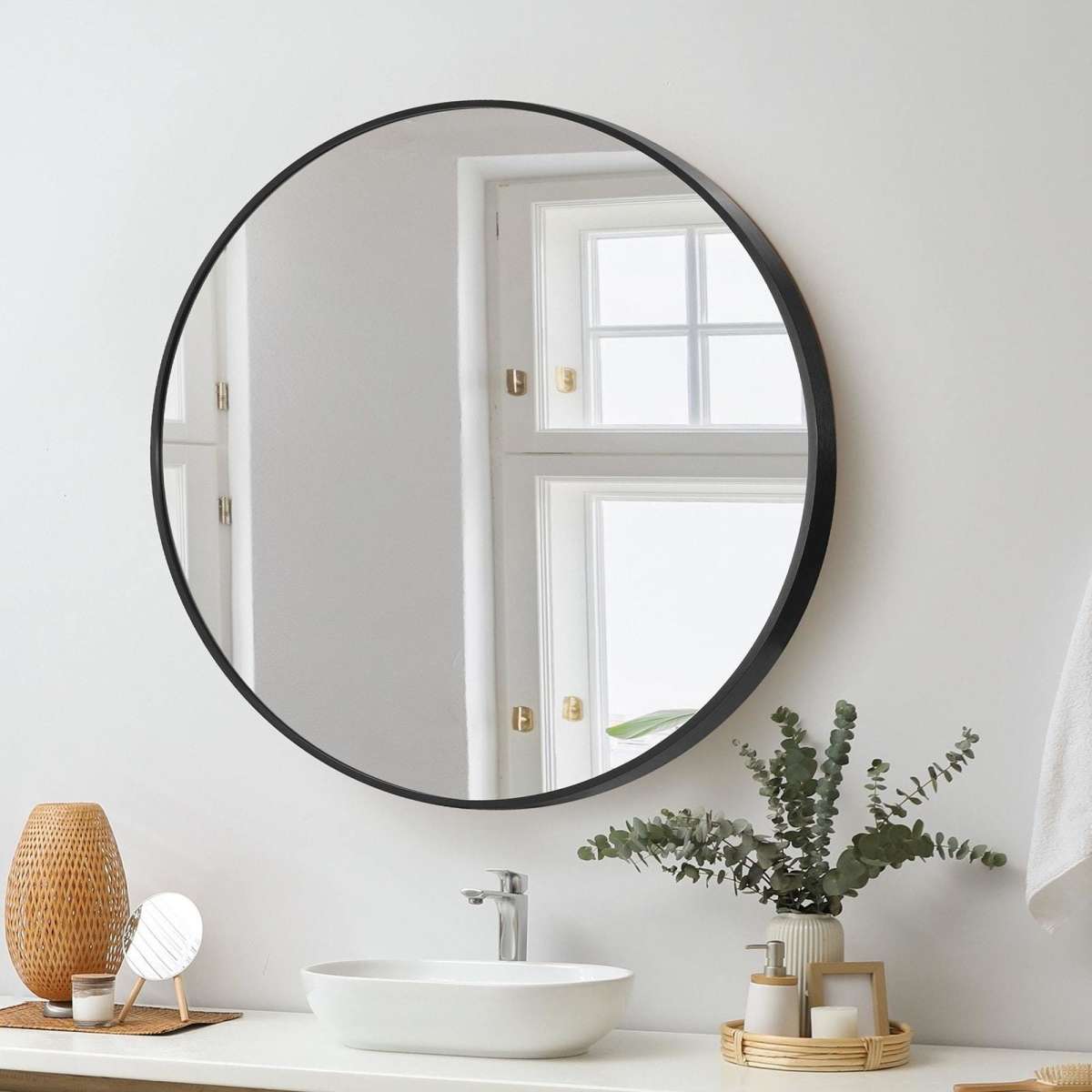 Oikiture 70cm Wall Mirrors Round Makeup Mirror Vanity Home Decro Black 