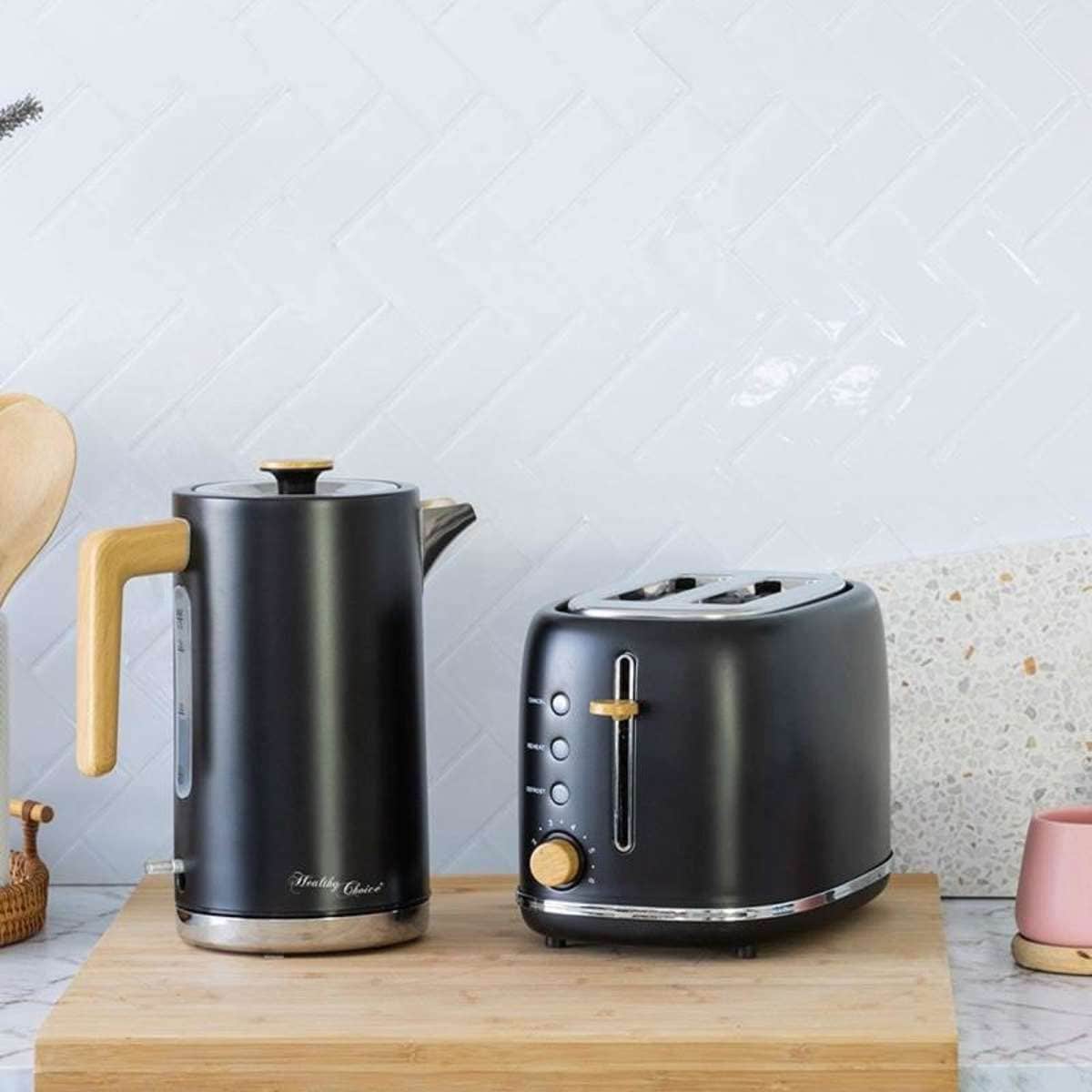 Healthy Choice Toaster & Kettle Set Black & Wood Woolworths