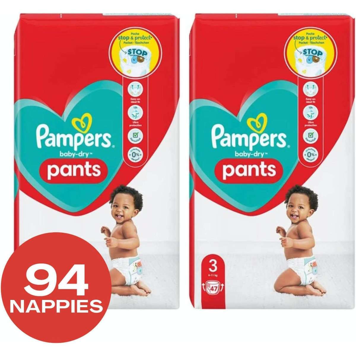 Pampers 94 x Baby Dry Unisex Nappy Pants Diapers Size 3, 611kg