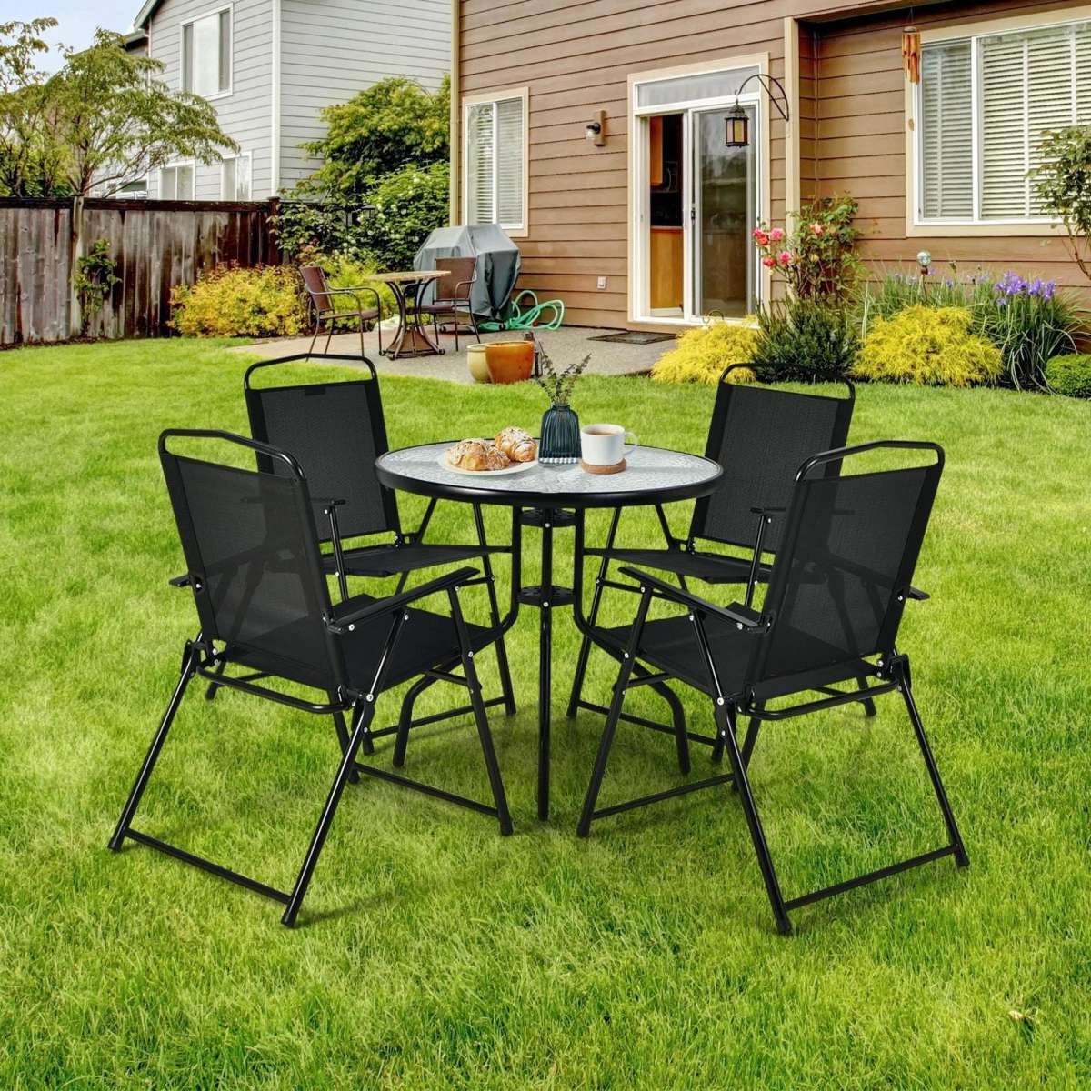 Costway 6 Pcs Patio Dining Set Folding Chairs Glass Table Tilt Umbrella