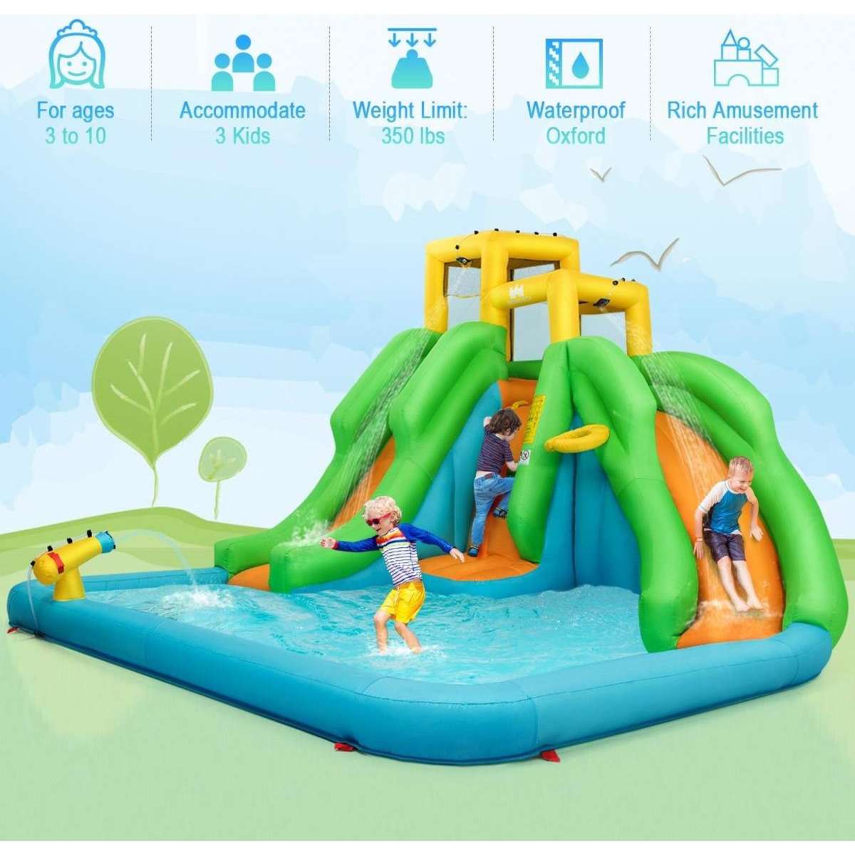 Costway Inflatable Water Park Bounce House w/Climbing Wall Two Slides ...