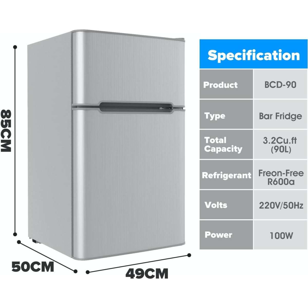 Advwin 90L Bar Fridge Mini Compact Refrigerator Top Freezer Silver