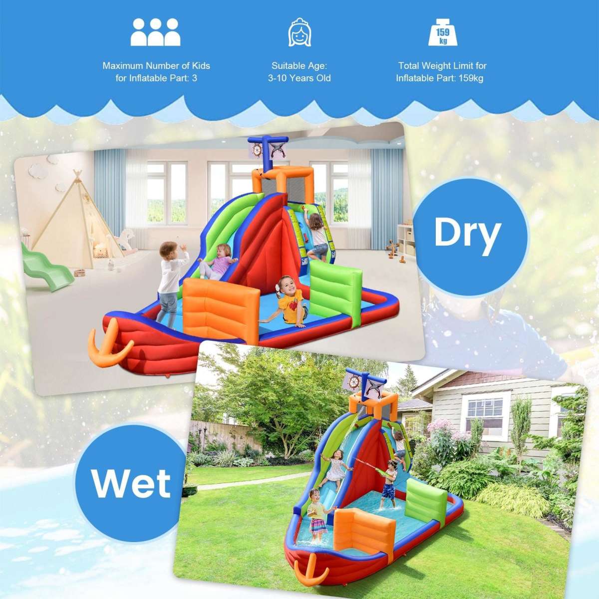 Costway Pirate Inflatable Water Slide Jumping Castle Water Park Splash ...