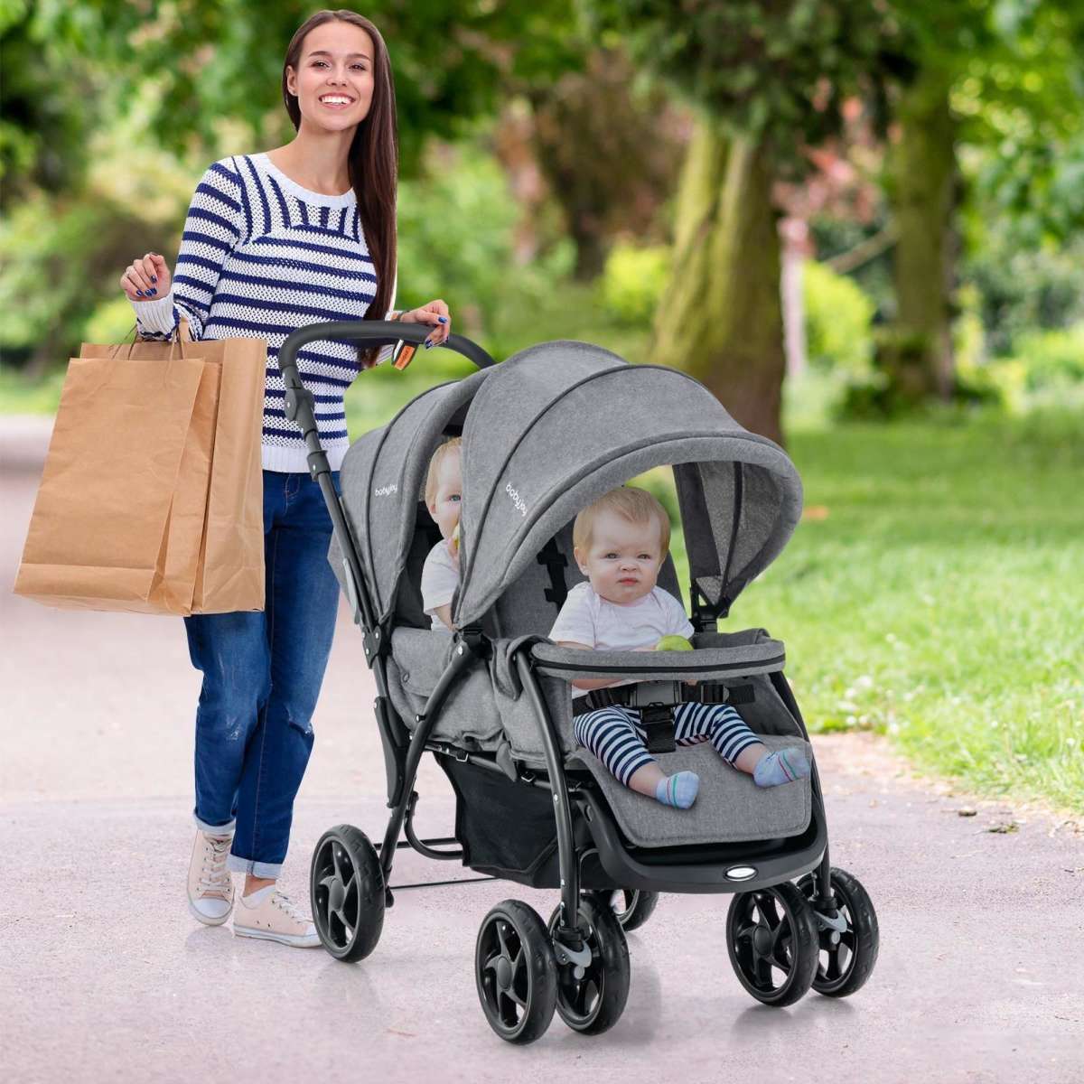 Costway Baby Stroller Tandem Twin Pram Travel Pushchair w/Adjustable ...