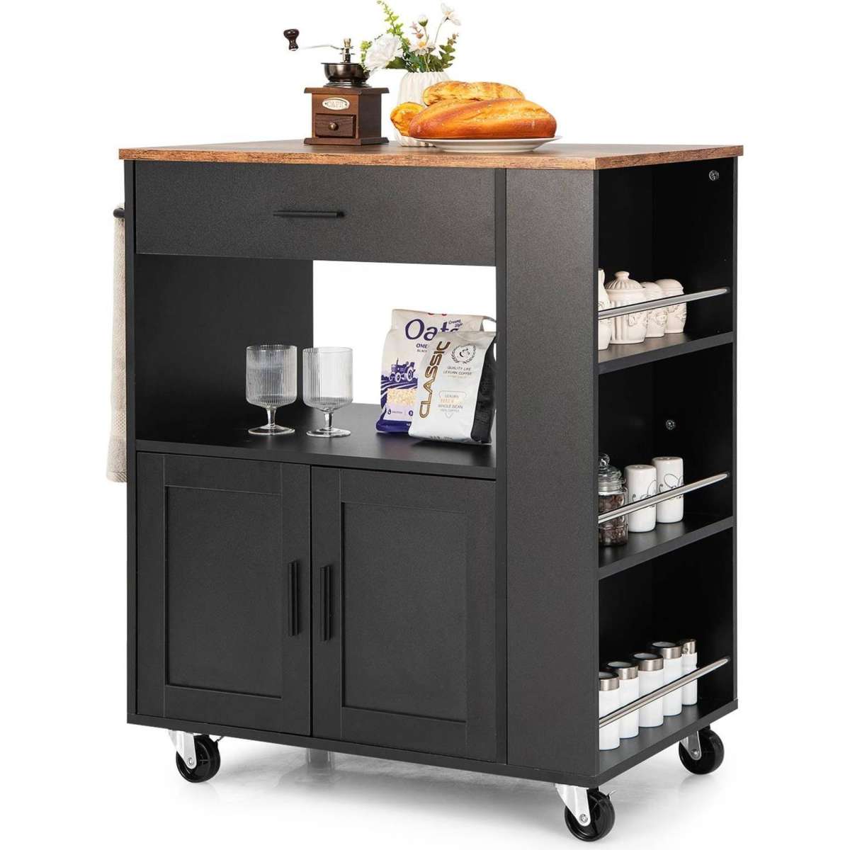 Costway Kitchen Island Trolley Mobile Dining Cart Wood Black Woolworths