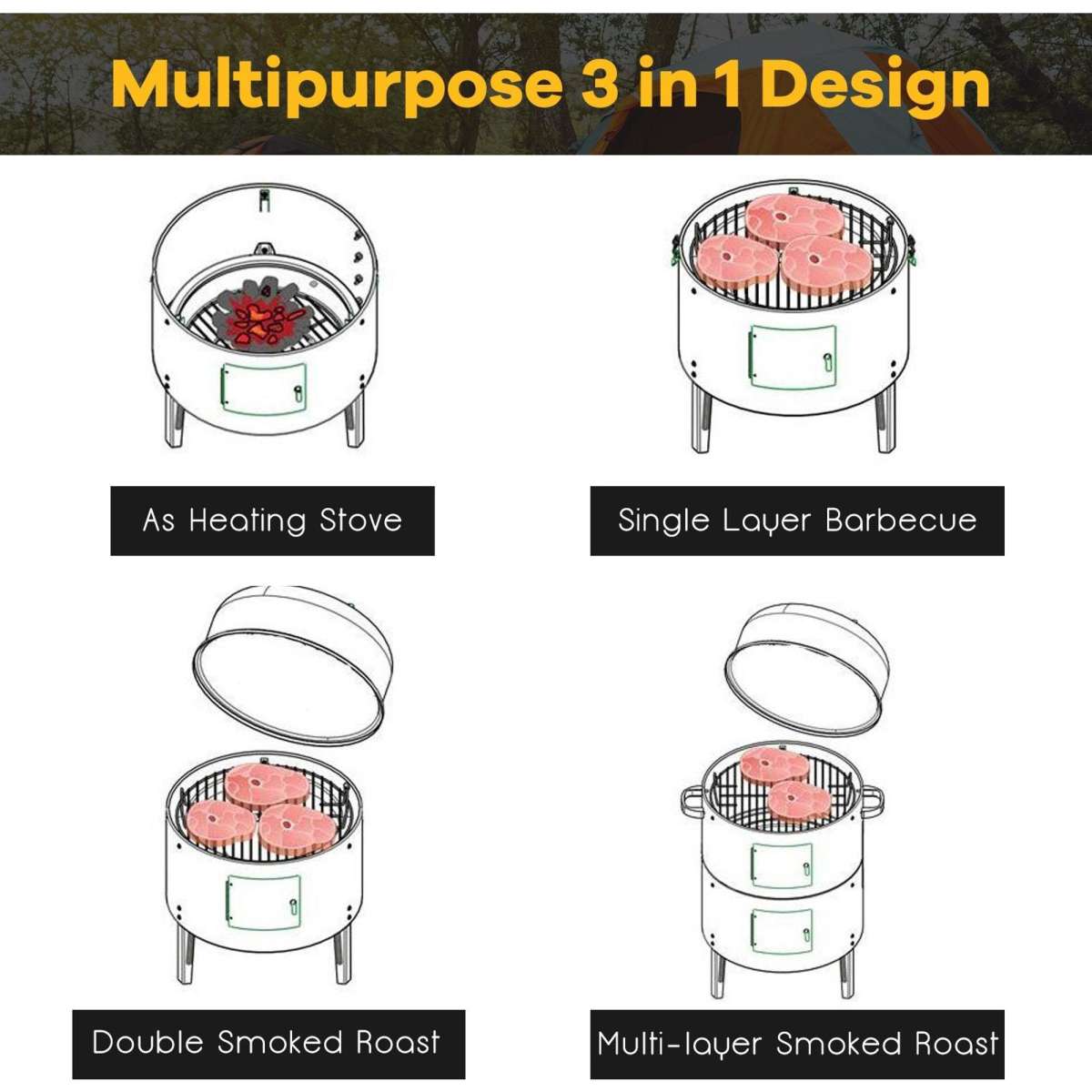 Costway 3In1 Barbecue Smoker Outdoor Bbq Grill Offset Portable