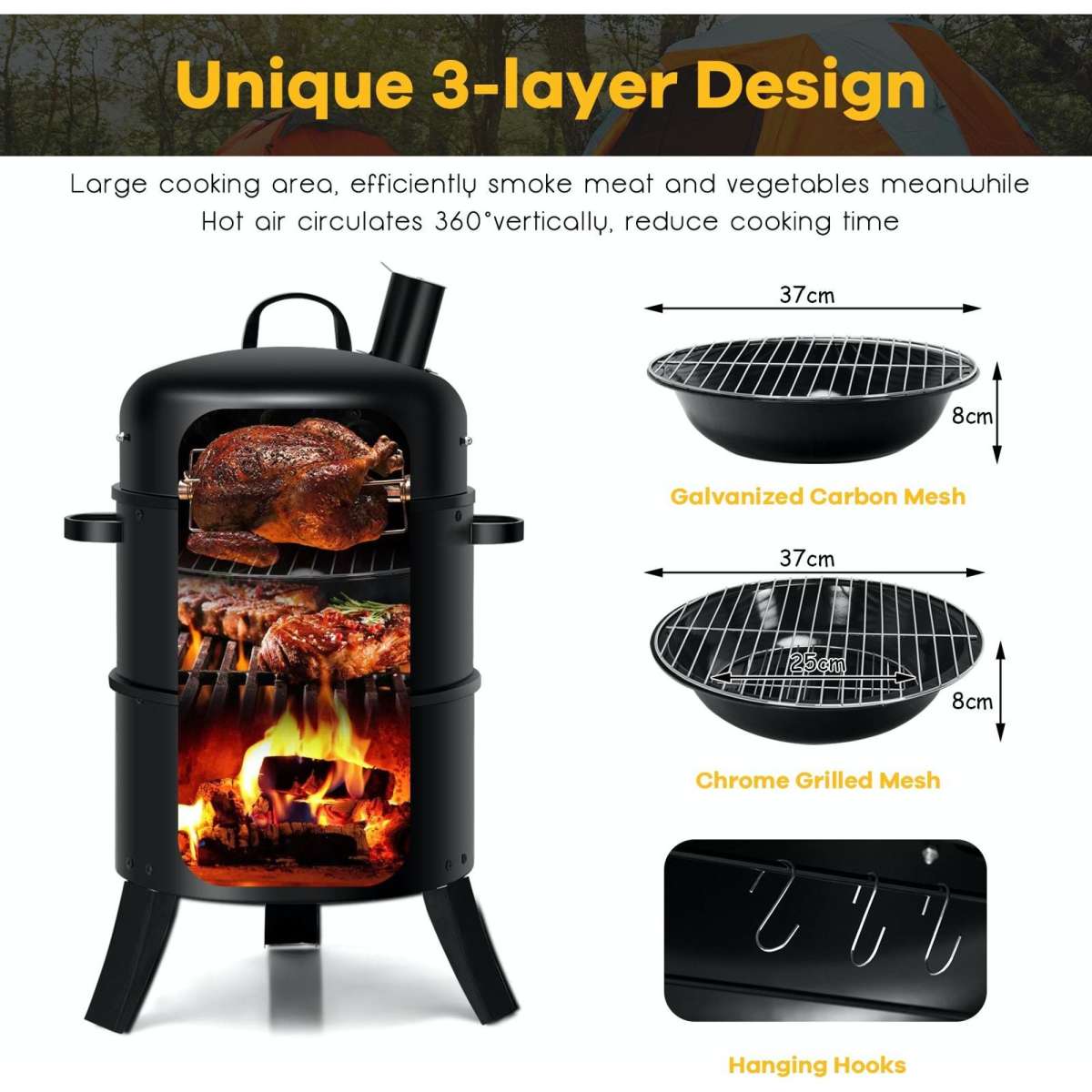 Costway 3In1 Barbecue Smoker Outdoor Bbq Grill Offset Portable