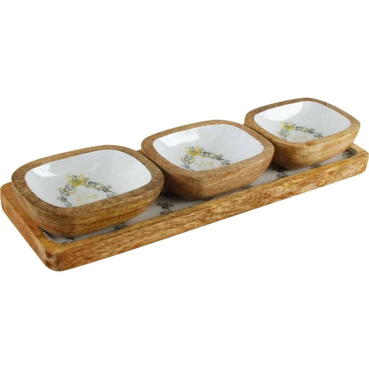 Colours Of Christmas Enamel/Wood Trio Dip Bowl w/ Tray Set Xmas Wreath