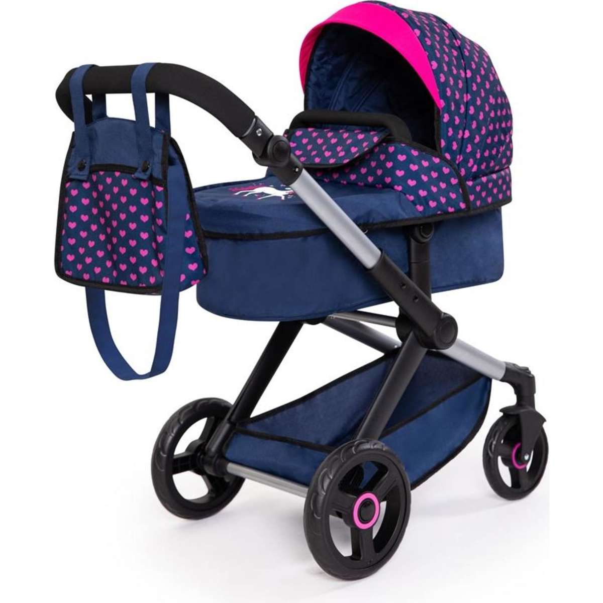 Bayer Xeo Compact Doll Pram Dark Blue w/ Pink Heart Print Kids 3y