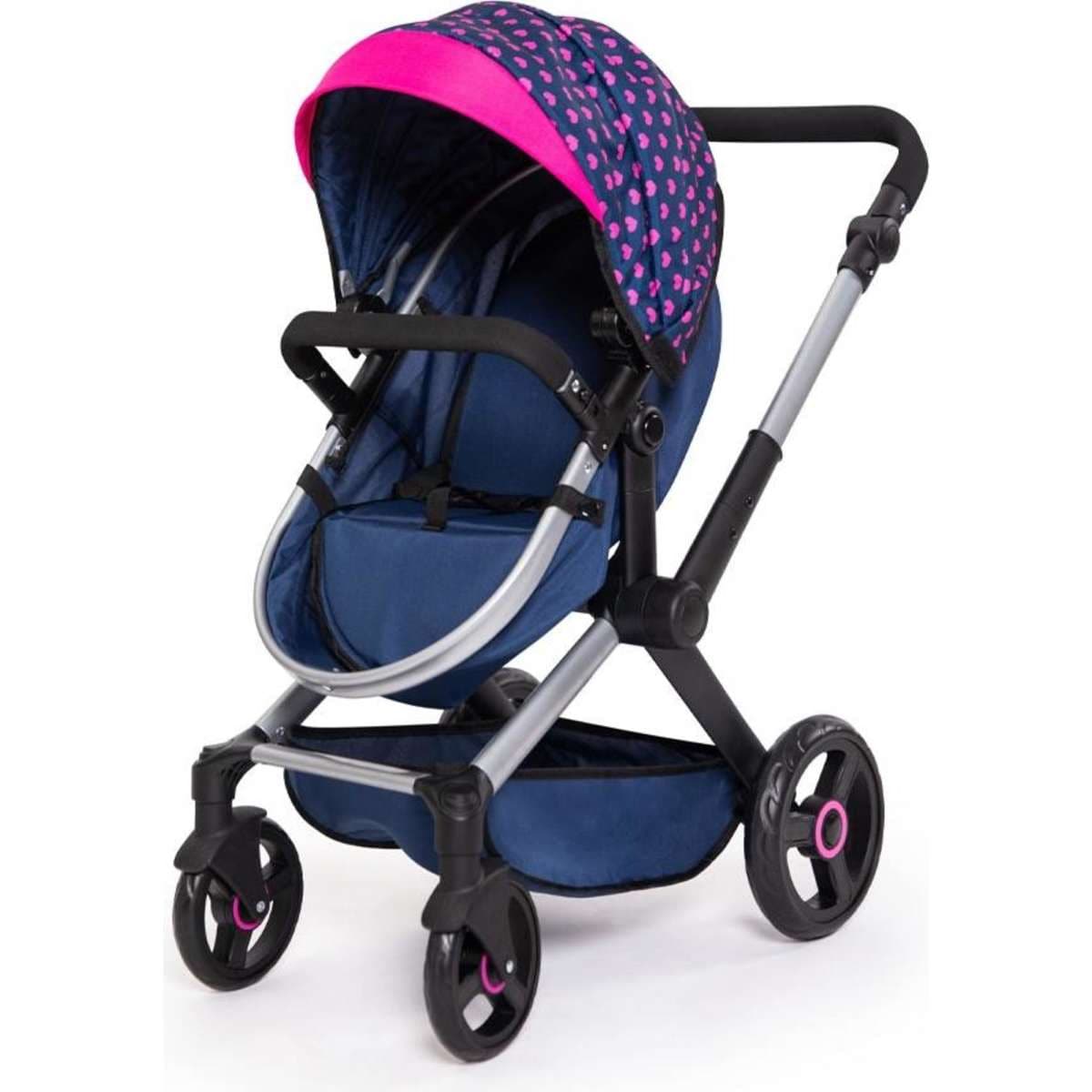 Bayer Xeo Compact Doll Pram Dark Blue w/ Pink Heart Print Kids 3y