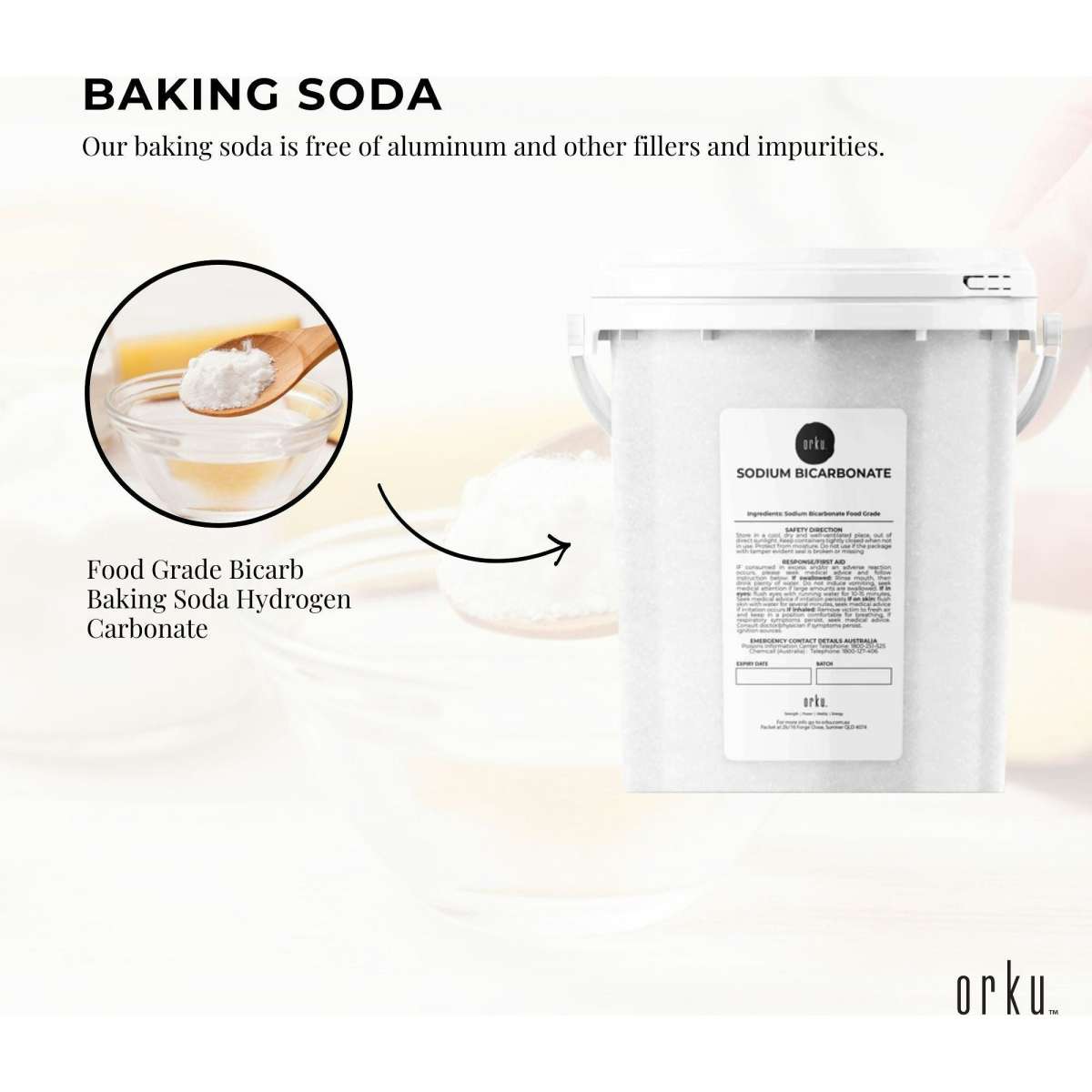 Orku 1.3Kg Sodium Bicarbonate Tub Food Grade Bicarb Baking Soda