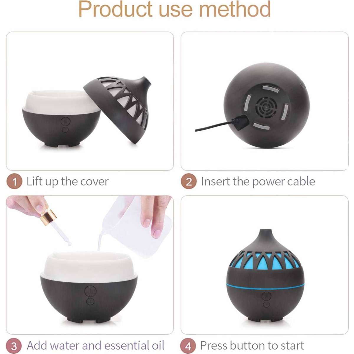 Orku Essential Oil Aroma Diffuser 180ml USB LED Dark Wood Mist