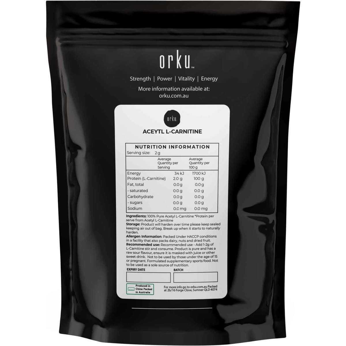 Orku 2Kg Acetyl LCarnitine HCL Powder USP Grade Pre Workout ALCAR Supplement Woolworths