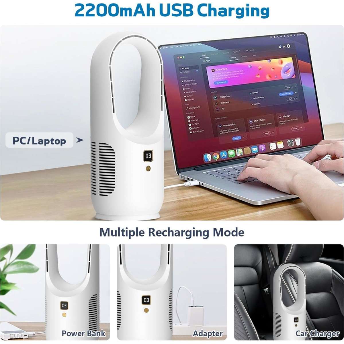 Advwin Desk Fan 3 Speed Portable Bladeless Fan USB White Woolworths