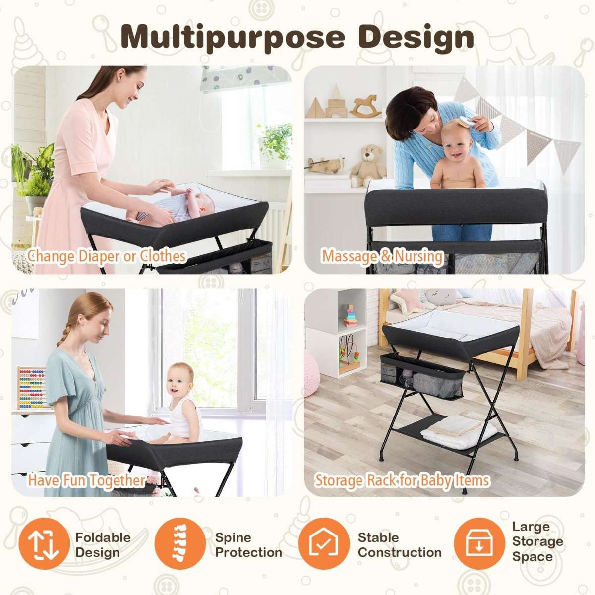 Costway Baby Folding Change Table Nursery Organizer w/Storage Basket & Shelf Diaper Black