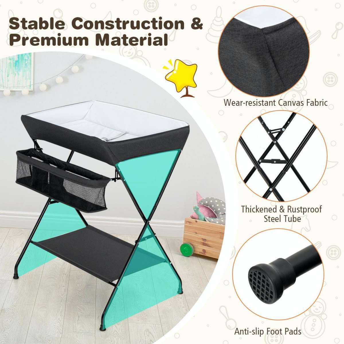 Costway Baby Folding Change Table Nursery Organizer w/Storage Basket & Shelf Diaper Black