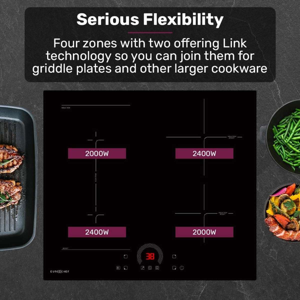 EuroChef 60cm 4 Zone Induction Cooktop 7200W Electric, FlexZone Function, Touch Controls