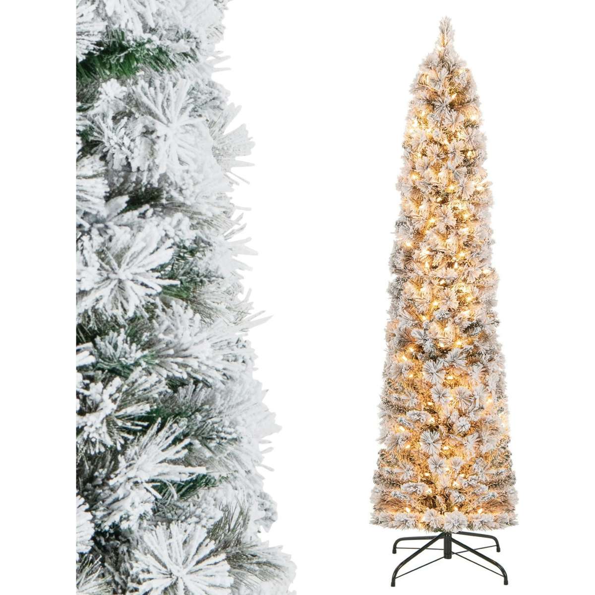 Costway 186Cm Slim Christmas Tree Flocked Artificial Xmas Tree w/373