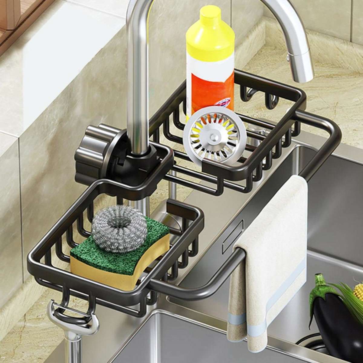 SOGA Black Kitchen Sink Organiser Faucet Soap Sponge Caddy Rack Drainer