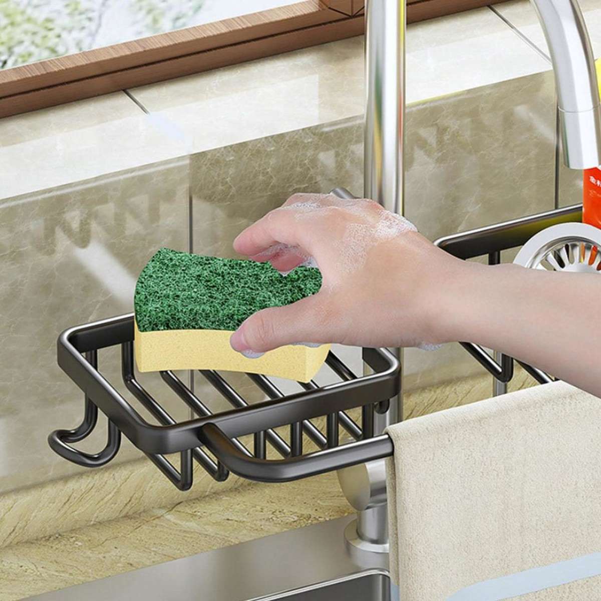 SOGA Black Kitchen Sink Organiser Faucet Soap Sponge Caddy Rack Drainer