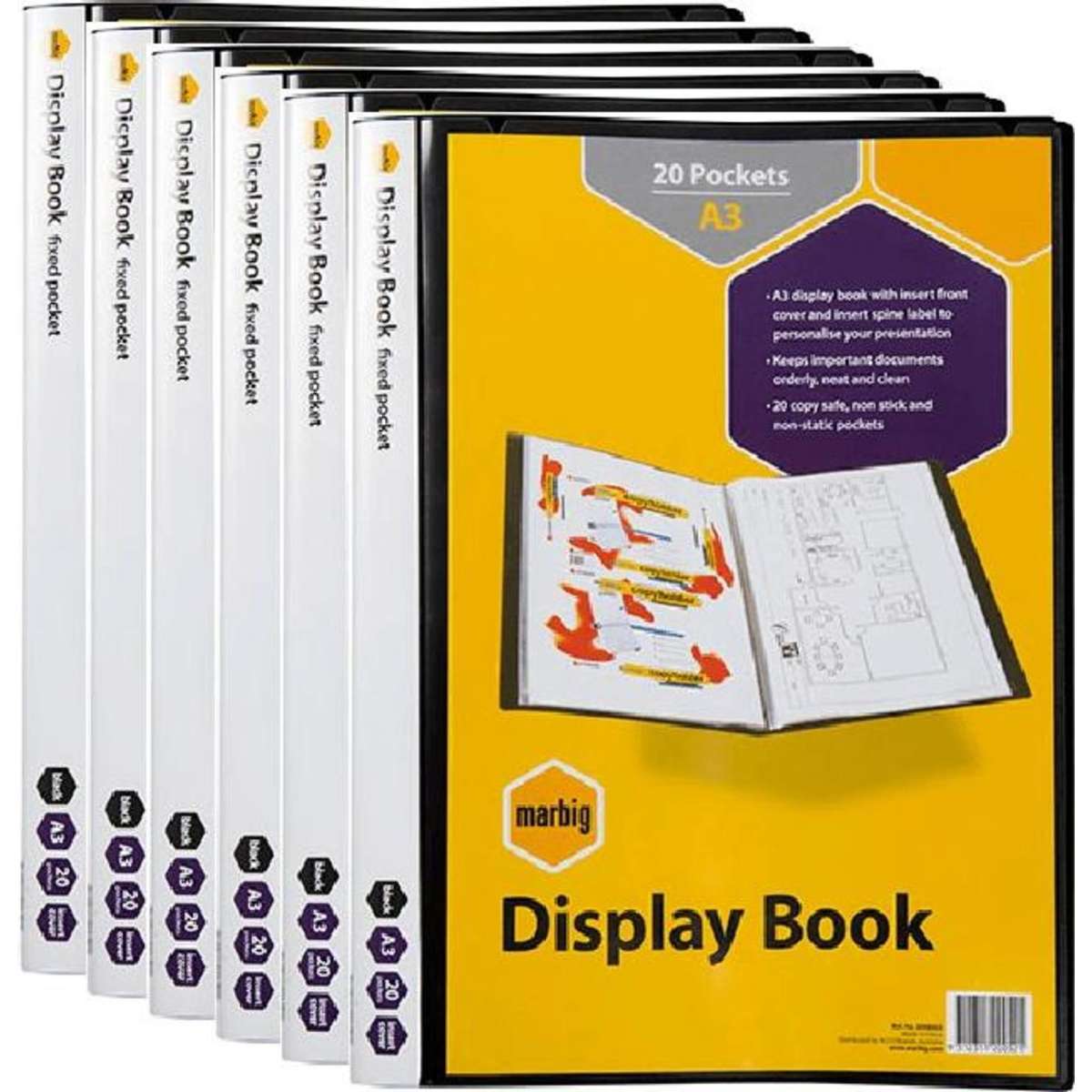 Marbig Display Presentation Book 20 Pocket Sleeves A3 Black 6 Pack