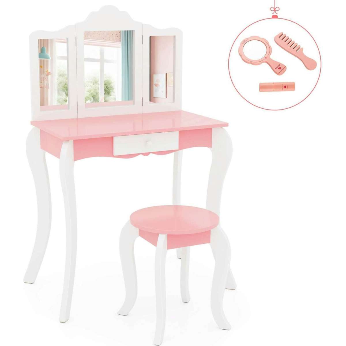 Costway 2 in 1 Kids Vanity Table Stool Set Tri Folding Mirror