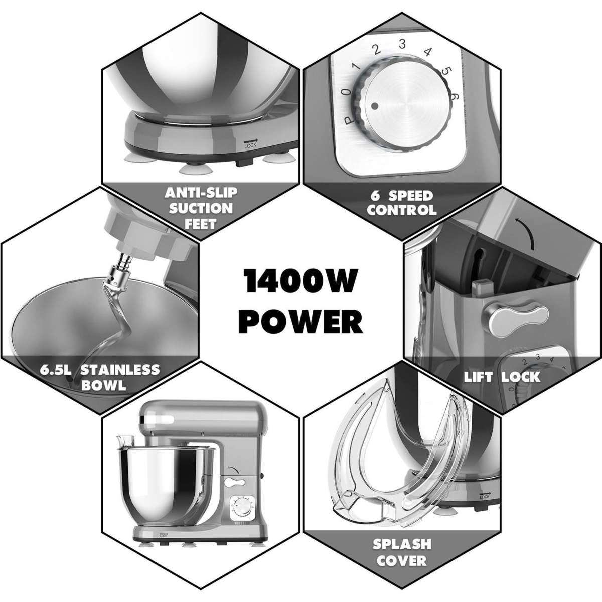 Advwin 6.5L Electric Stand Mixer 1100W 6 Speed Kitchen Food Beater Cake