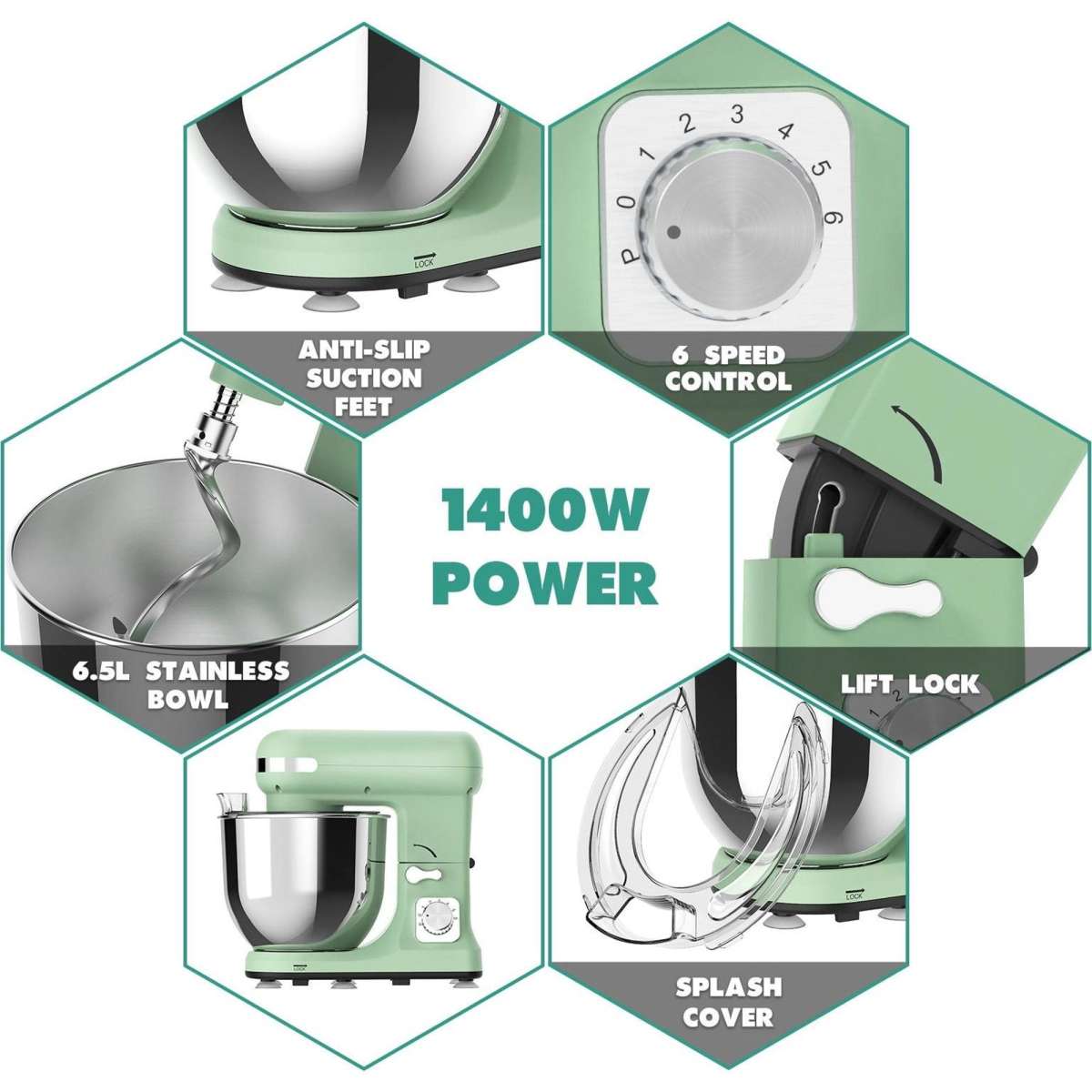 Advwin 6.5L Electric Stand Mixer 1100W 6 Speed Kitchen Food Beater Cake