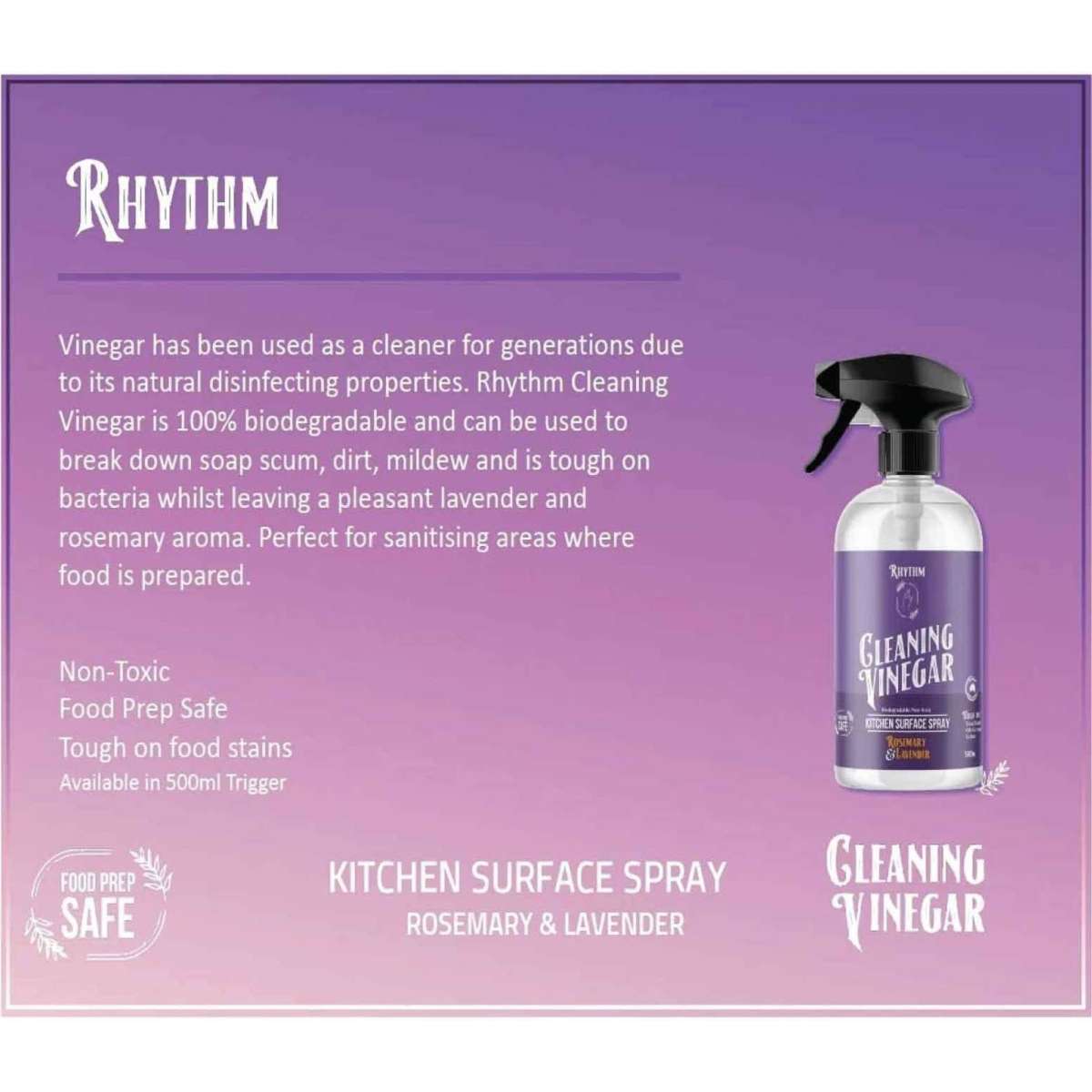 Rhythm 500ml Eco Friendly Cleaning Vinegar Kitchen Surface Spray 100