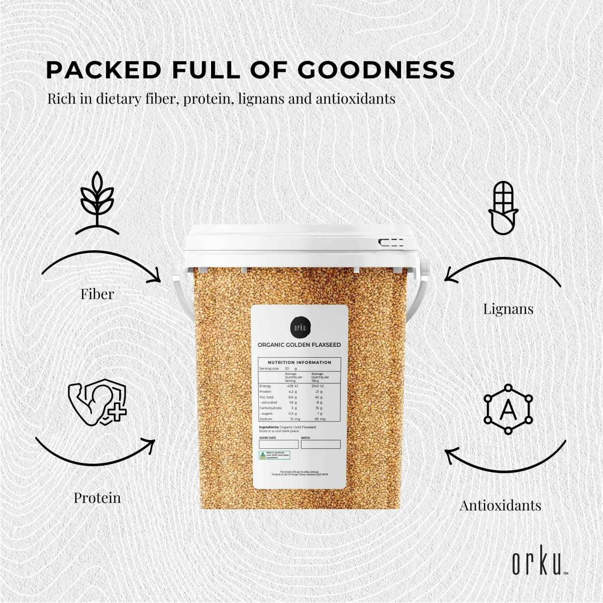 Orku 800g Organic Golden Linseed Flaxseed Tub Whole Flax Seed No GMO