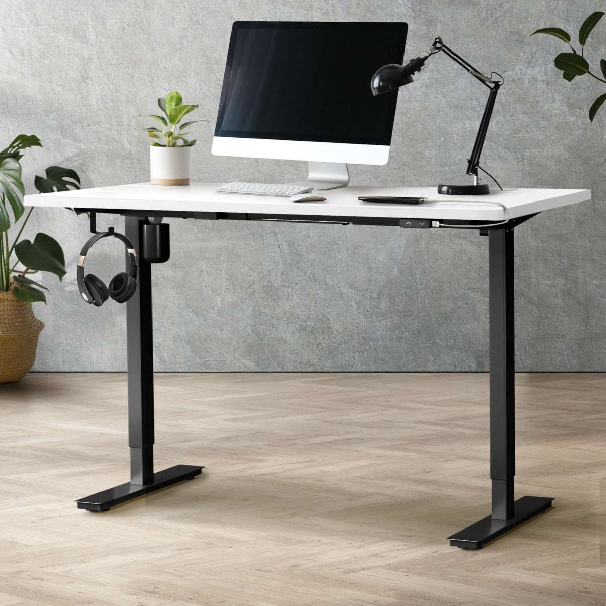 Oikiture 150cm Electric Standing Desk Single Motor Black Frame White ...