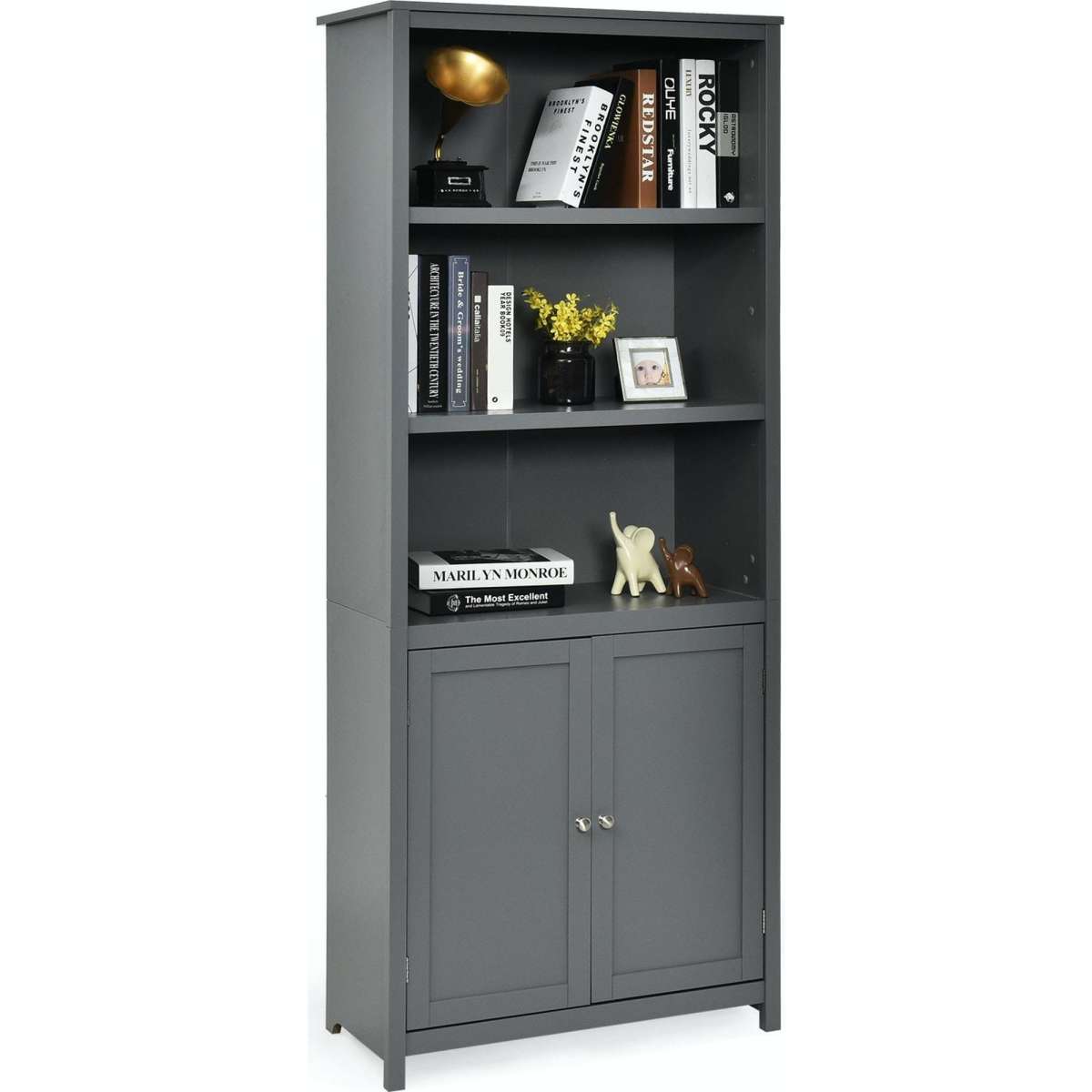 Tall grey store bookshelf