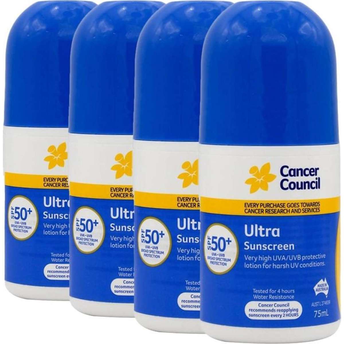 Cancer Council 4 x Ultra Sunscreen SPF50+ Roll On 75mL 4EACH | Woolworths