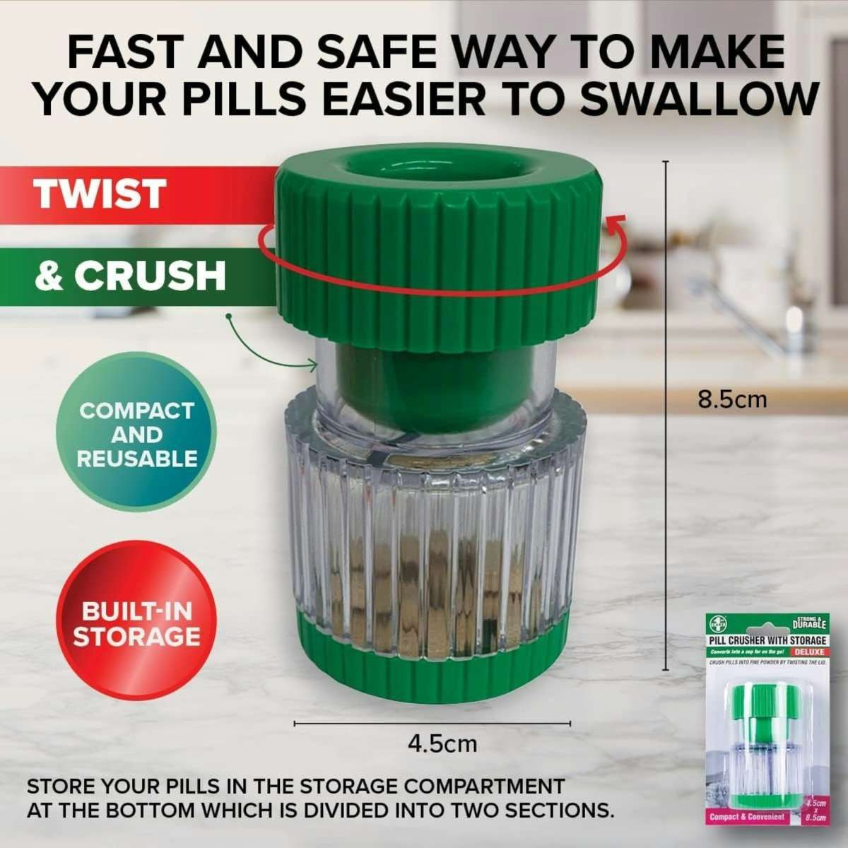 1st Care Pill Medicine Crusher Grinder Tool Tablet Box 4.5cm x 8.5cm Woolworths