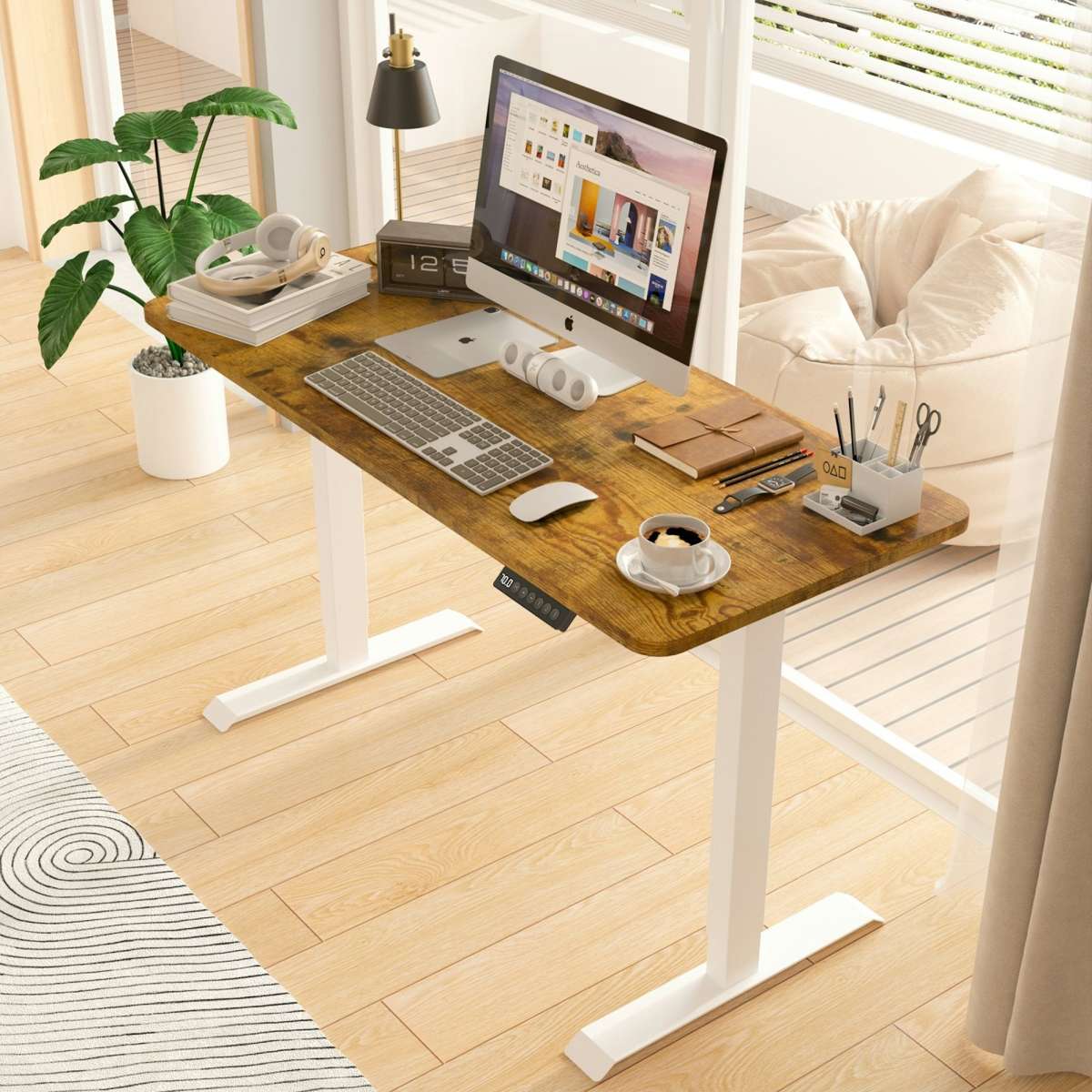 Advwin Electric Standing Desk Motorised Sit Stand Up Walnut+White 140cm