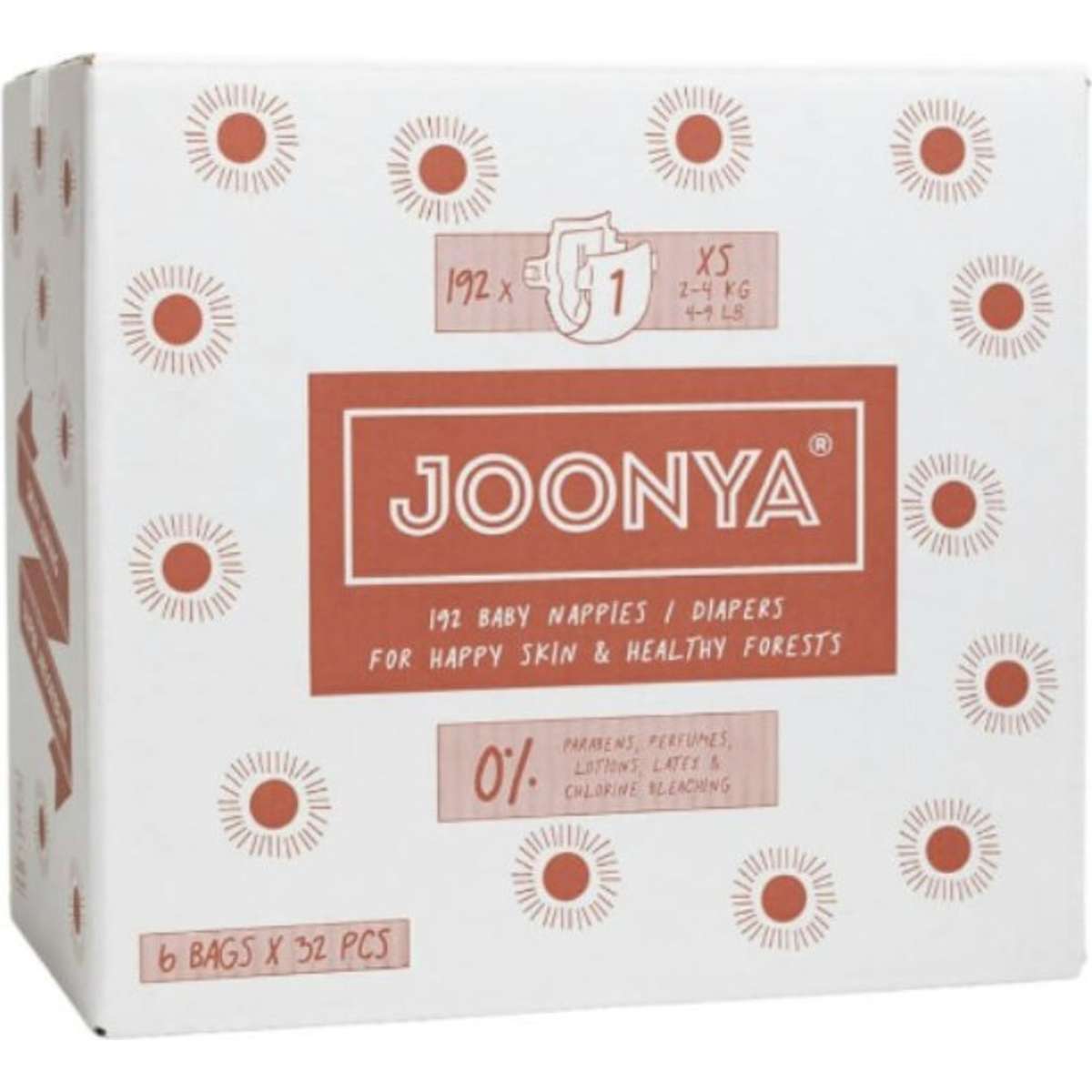 Joonya Baby Nappies, Size 1 XS (24 kg) 6 Bags of 32 (192) **New