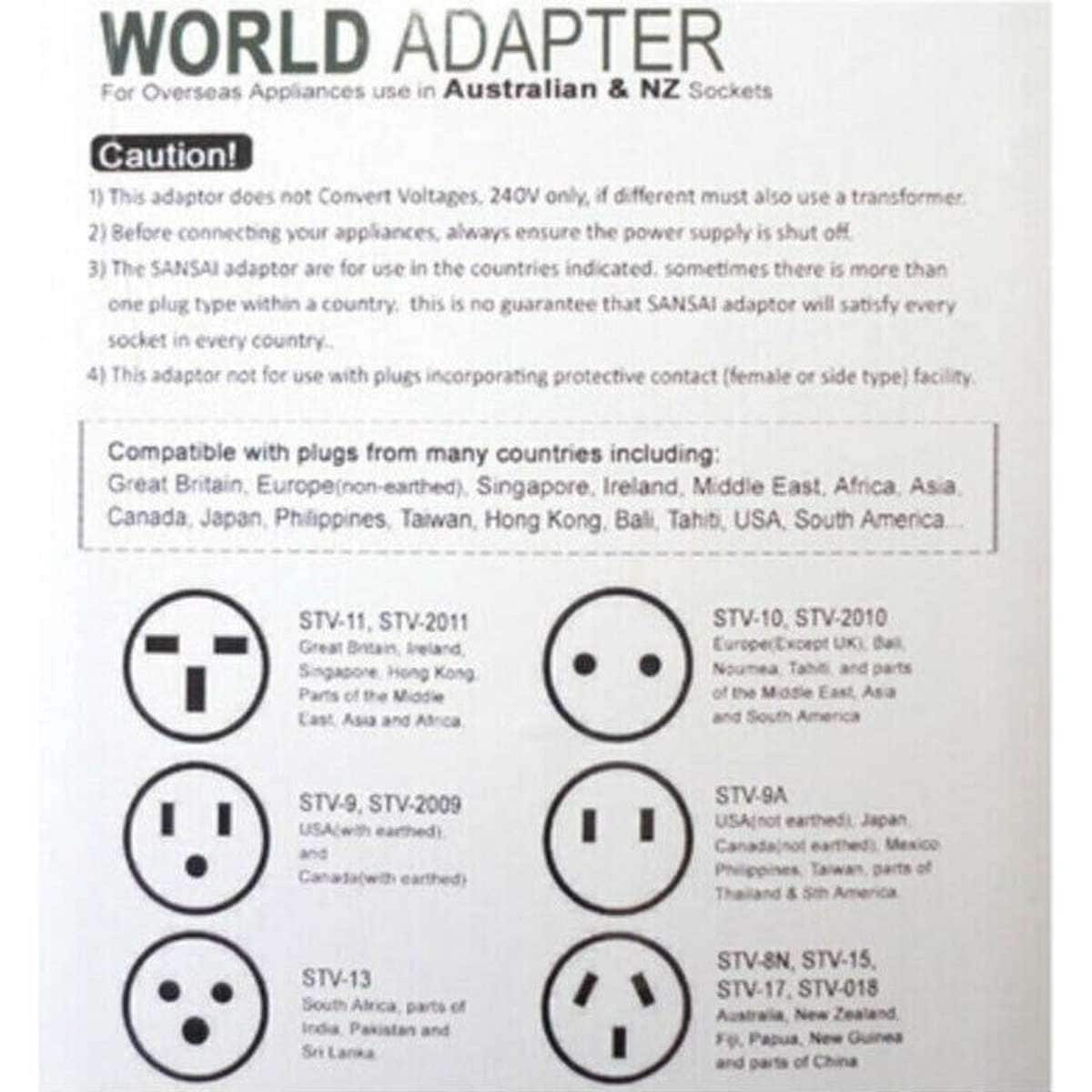 Sansai Universal Travel Power Adapter Outlet UK, US, CA, EU Socket to
