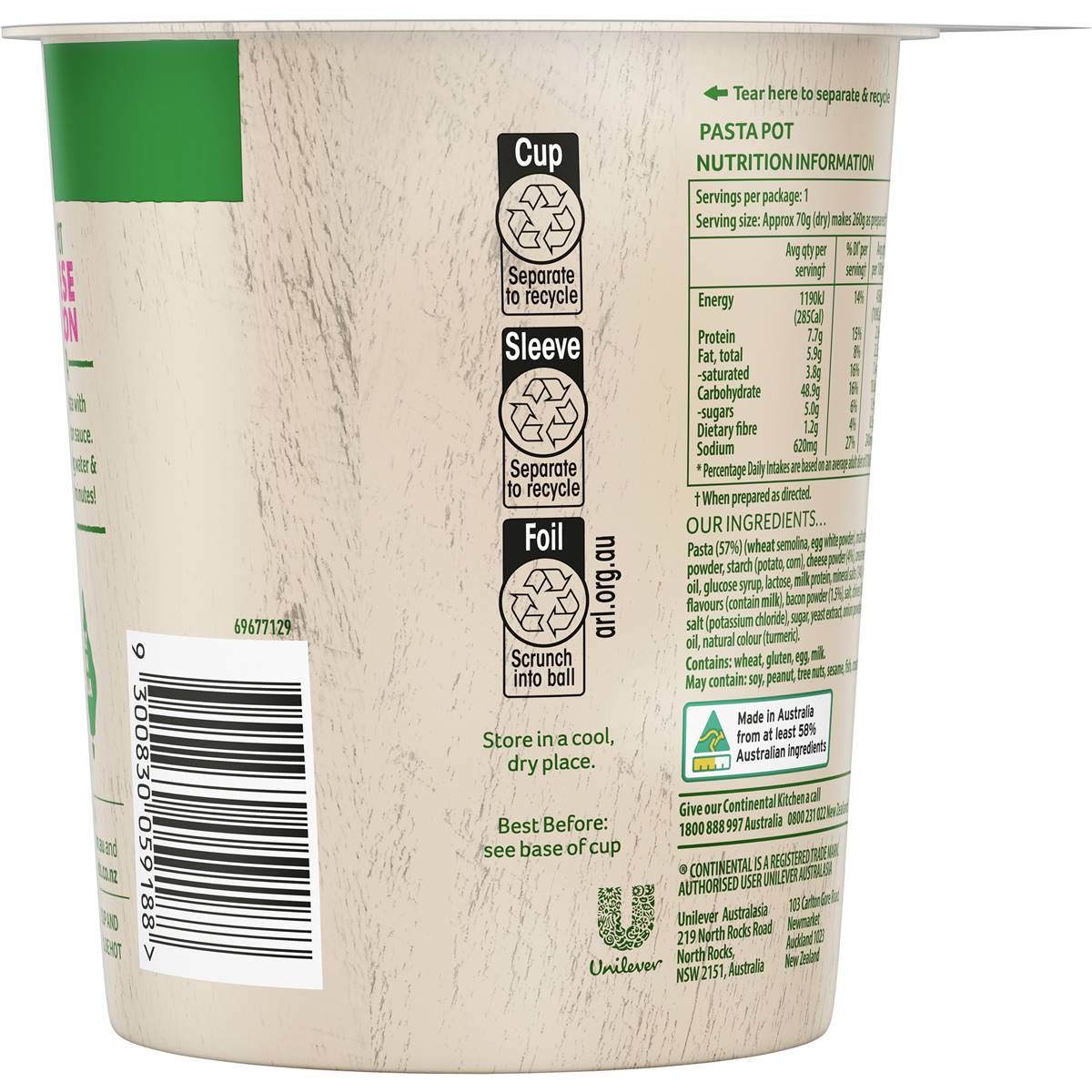 Continental Snack Pot Cheese & Bacon Pasta Serves 1 70g Woolworths