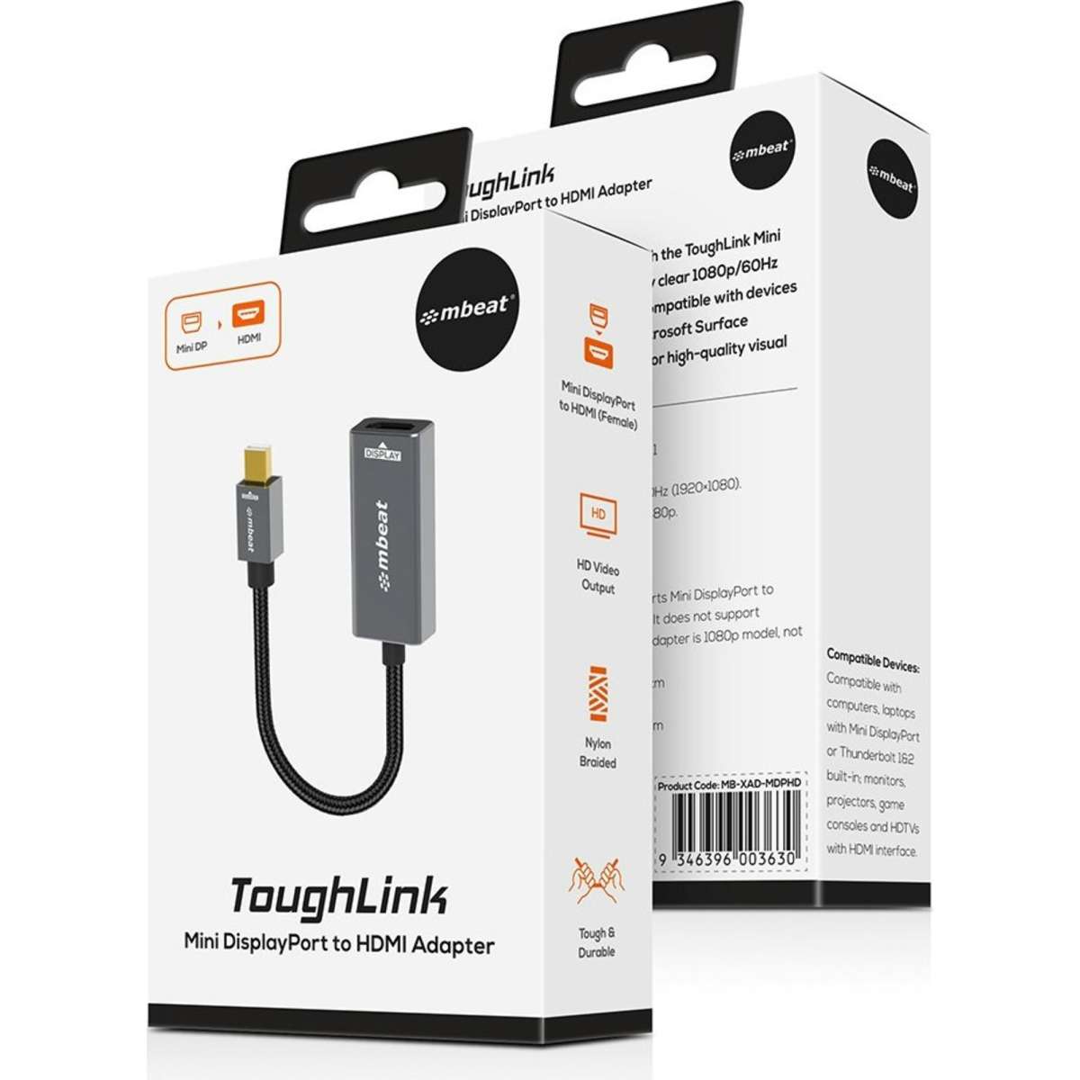 mbeat Tough Link Mini Displayport To HDMI Display Adapter Cable Grey