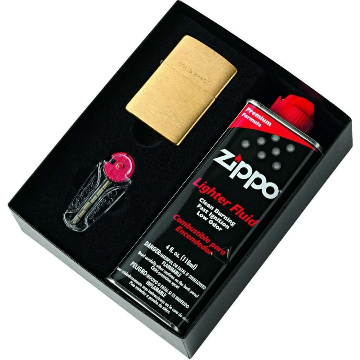 Zippo 204 Brushed Solid Brass Lighter with Fluid + Flints Gift Boxed