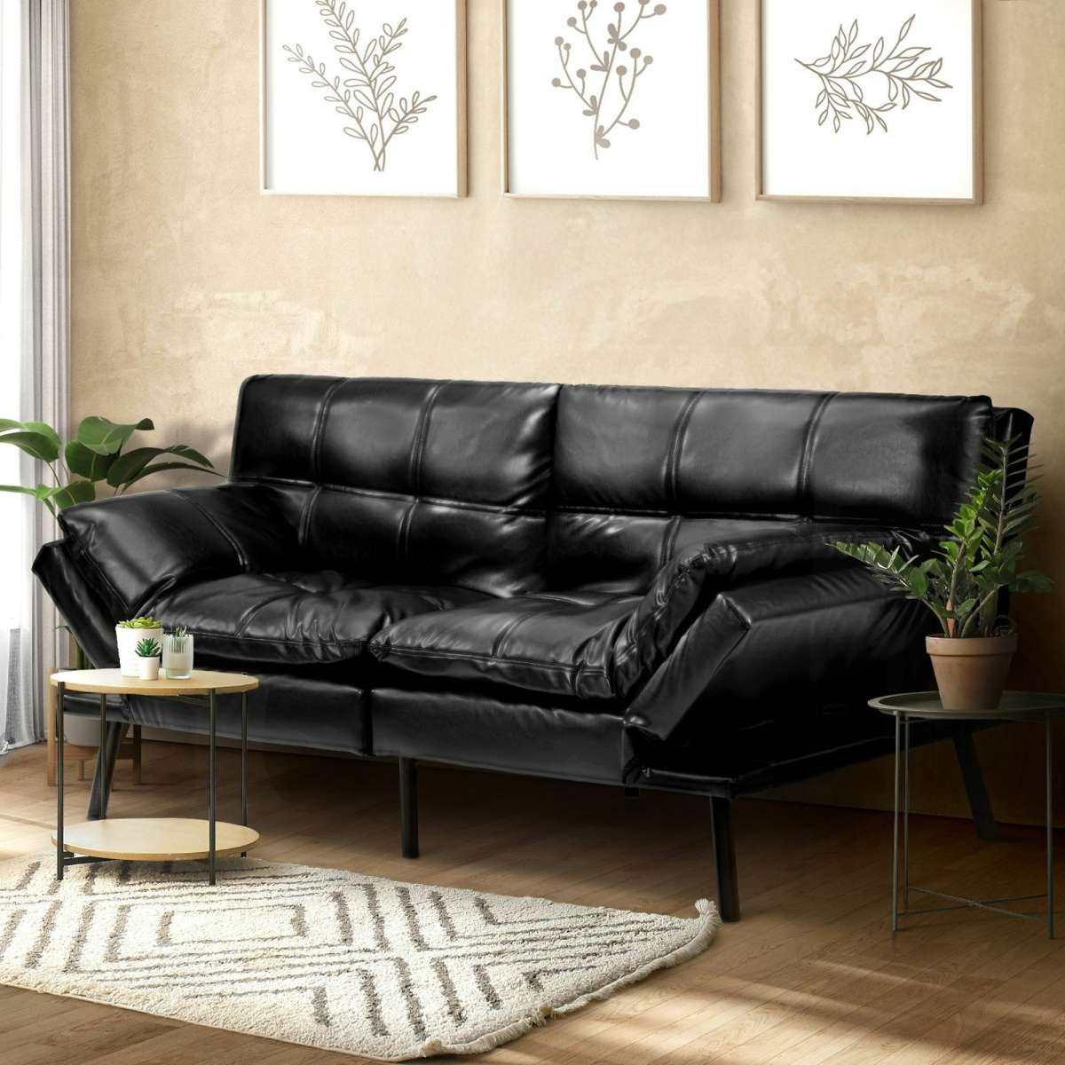 Oikiture Sofa Bed Futon Recliner Lounge Couch Convertible Leather 3 Seater Black 1EA Woolworths