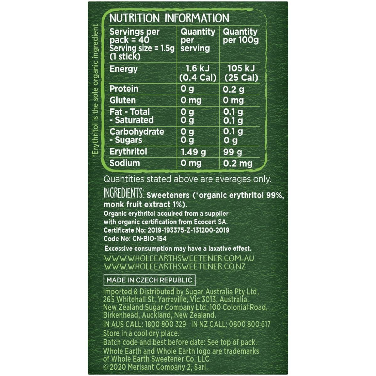 Whole Earth Monk Fruit Sweetener Sticks 40 Pack Woolworths