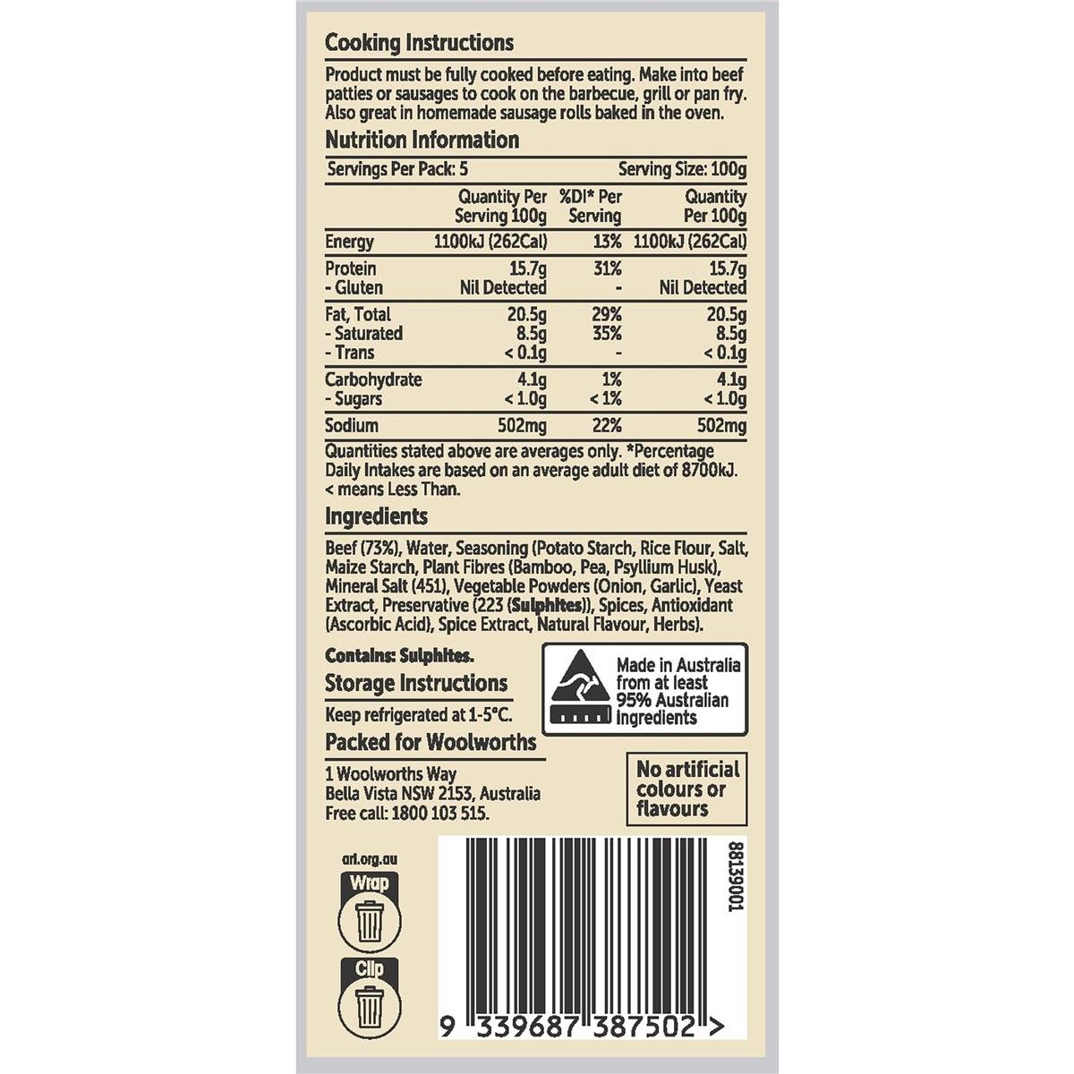 Woolworths Aussie Beef Gluten Free Sausage Mince 500g Woolworths