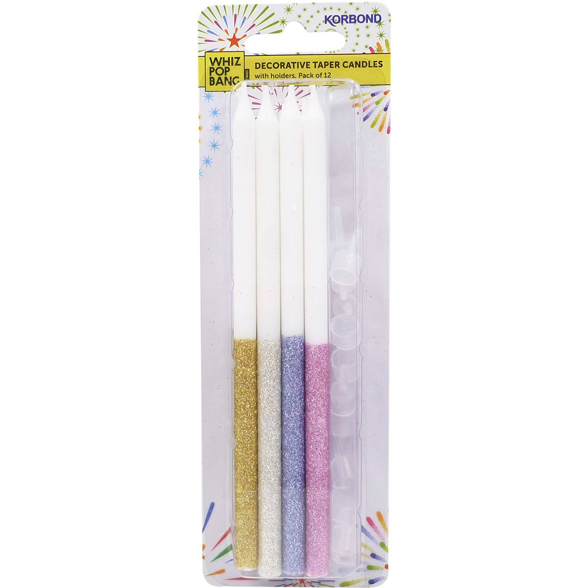 Korbond Whiz Pop Bang Decorative Taper Candles With Holder 12 Pack