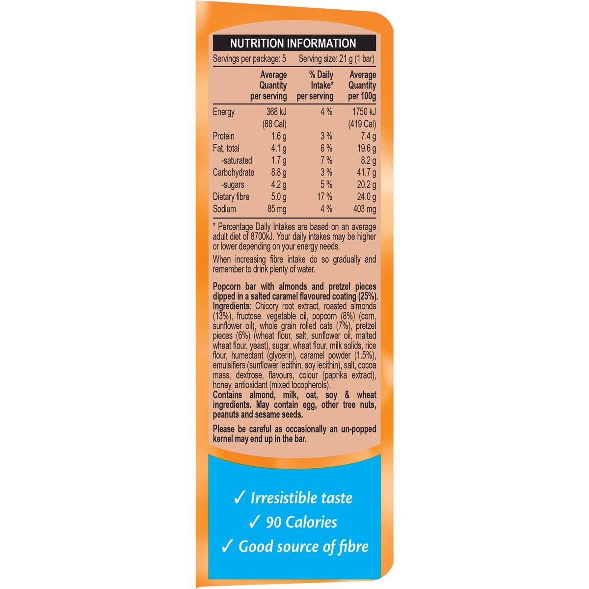 Fibre One 90 Calorie Salted Caramel & Almond Popcorn Snack Bars 5 Pack