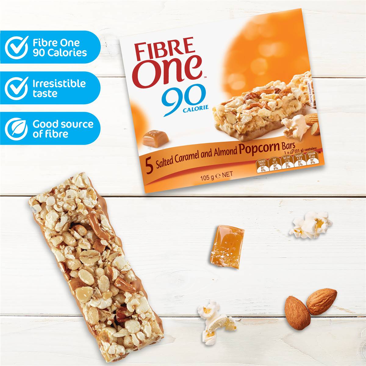 Fibre One 90 Calorie Salted Caramel & Almond Popcorn Snack Bars 5 Pack