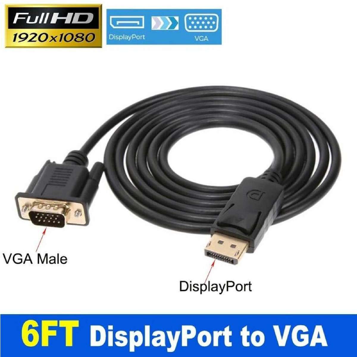 DisplayPort To VGA Adapter, DP DisplayPort To VGA 6 Feet Cable